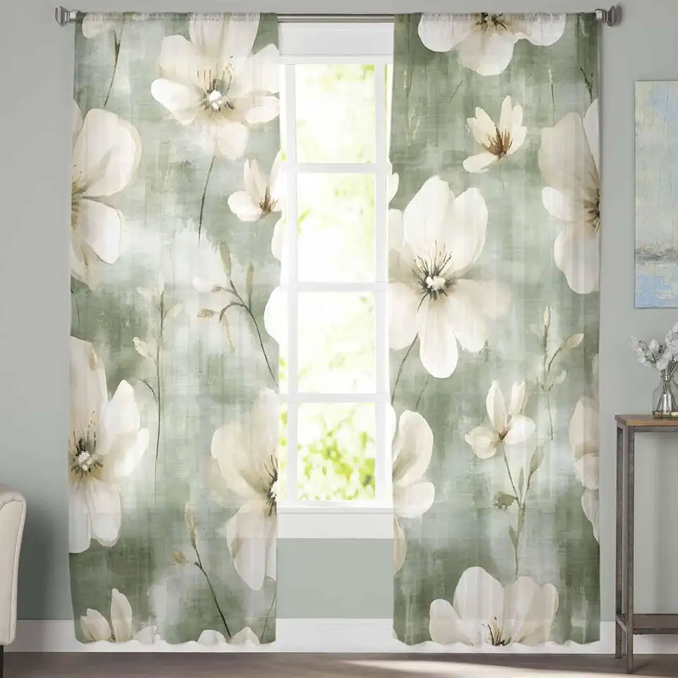 Sheer Curtains 72 Inch Long 2 Panels White Flowers Sage Green Watercolor Flowers 2 Light Filtering Rod Pocket Semi Sheer Curtains, Voile Drapes for Living Room Bedroom, 52"x72"