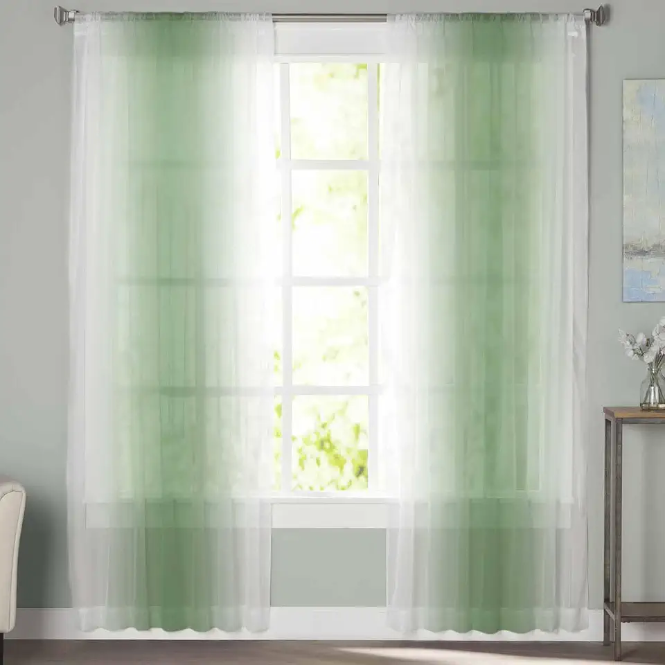 Sheer Curtains 72 Inch Long 2 Panels White Sage Green Gradient 4 Light Filtering Rod Pocket Semi Sheer Curtains, Voile Drapes for Living Room Bedroom, 52"x72"