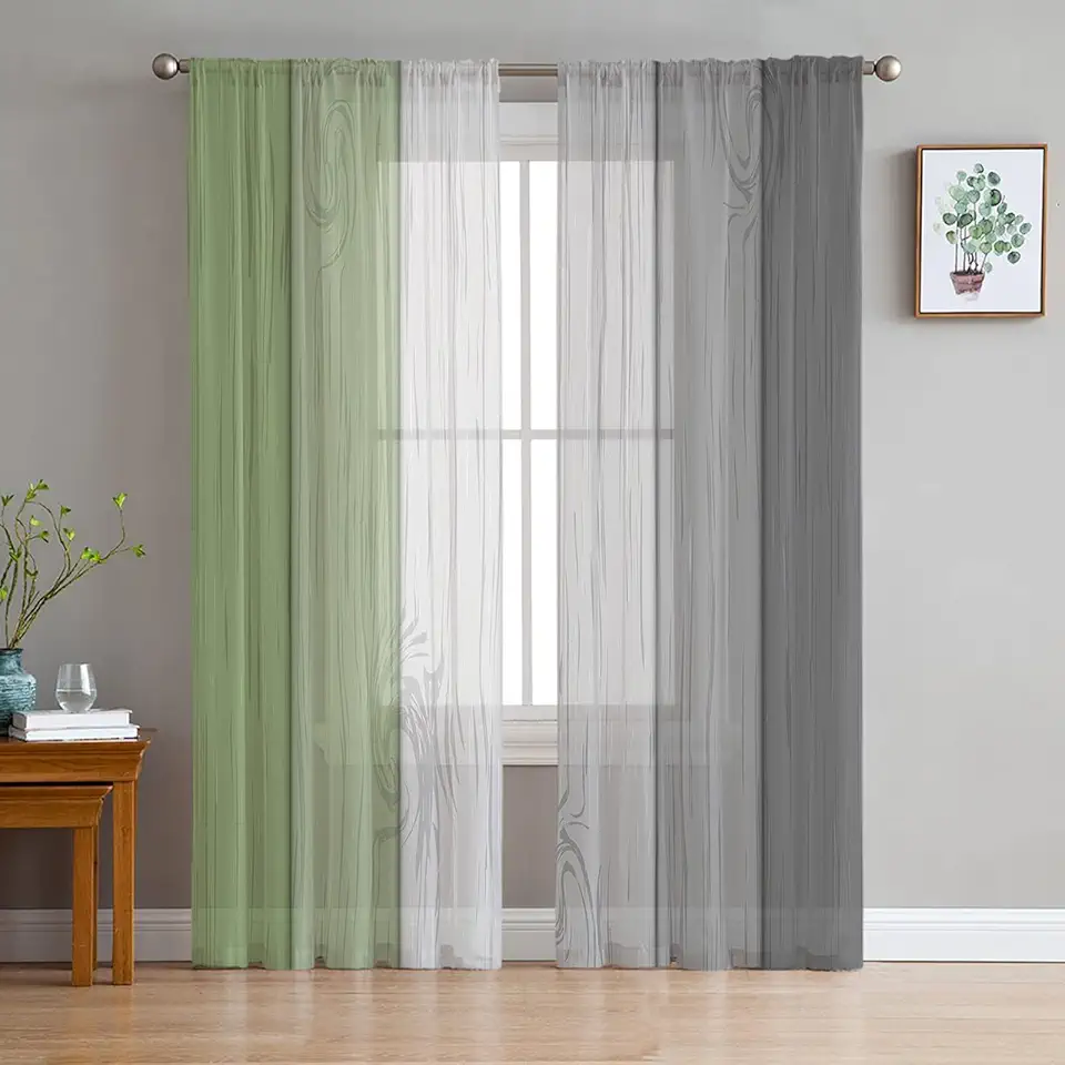Sheer Curtains, Sage Green Grey Stripes Farmhouse Wood Grain Chiffon Rod Pocket Drapes Light Filtering Semi Window Treatments for Living Room Dining Bedroom Decor 2 Panels 52" W x 84" L