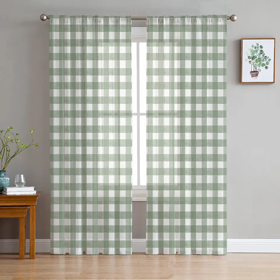 Sheer Curtains, Sage Green White Buffalo Plaid Chiffon Rod Pocket Drapes Light Filtering Semi Window Treatments for Living Room Dining Bedroom Decor 2 Panels 52" W x 84" L