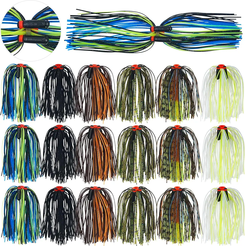 Silicone Jig Skirts with Tube Rattles,6/18 Bundles Spinnerbait Skirts Replacement Kit 50 Strands Bass Fishing Lure Squid Jig DIY Fishing Lure Fly Tying Material