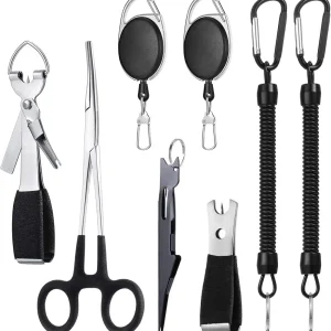 Skylety 8 Pieces Fly Fishing Tools Accessories Include 4 in 1 Fly Line Clipper Black Knot Tyer Fishing Line Nipper Fishing Hook Remover Forcep Retractors Keychains and Fishing Lanyard for Anglers