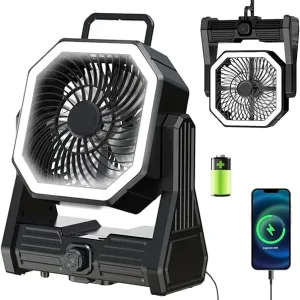 SmartTail Portable Camping Fan, 20000mAh Battery Powered Fan with LED & Hook, Stepless Speed & Timing Rechargeable, Cordless Desk Fan for Camping, Tent, Fishing, Travel, Office
