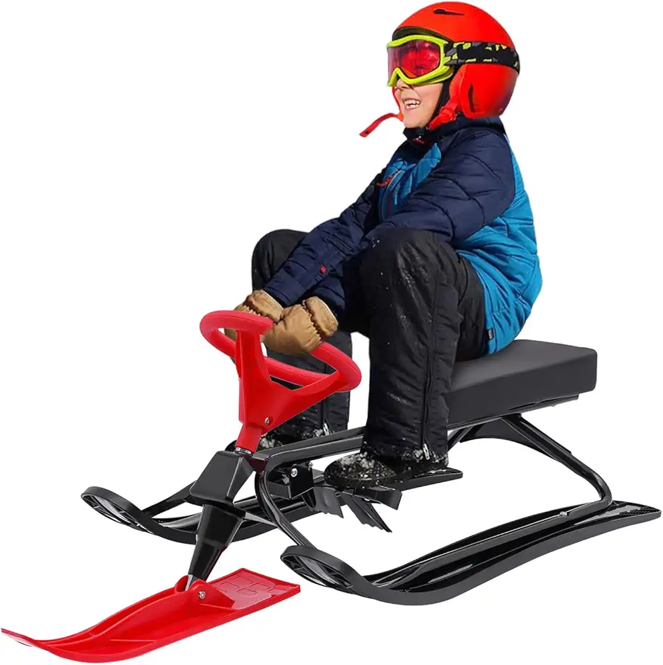 Snow Sled, Baby Sled with Steering Wheel Double Brakes, Durable Steel Frame Ice Fishing Sled for Skiing, Ice Skating, and Sand Skiing, can Bear 220 Lbs, Black+Red