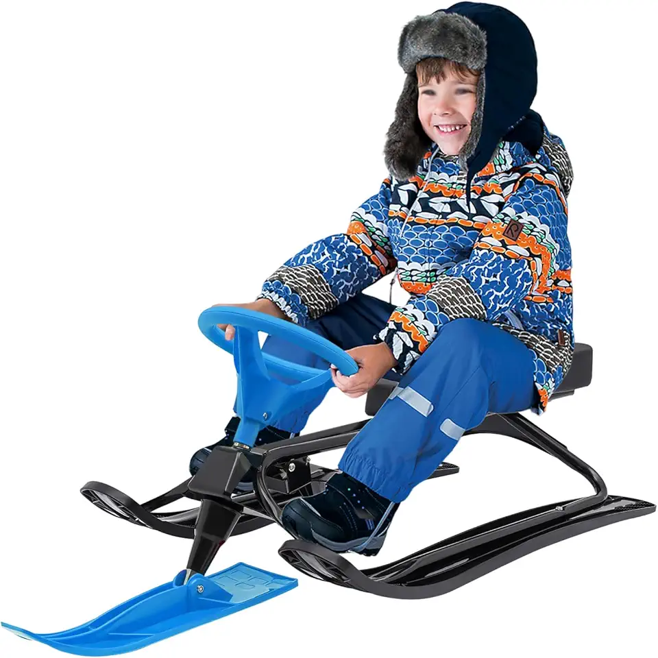 Snow Sled, Baby Sled with Steering Wheel Double Brakes, Durable Steel Frame Ice Fishing Sled for Skiing, Ice Skating, and Sand Skiing, can Bear 220 Lbs, Blue