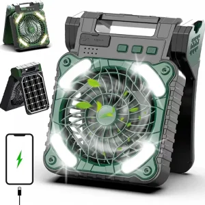 Solar Powered Camping Fan with Light 10000mAH Rechargeable Battery Operated Camping Tent Fan Outdoor Portable Solar Fans for Tent Solar Operated Fans for Picnic, Fishing, Travel, green