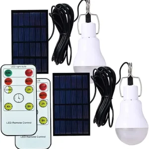 Solar Powered Lamp Remote Control Portable Led Bulb Lights Solar Energy Panel Led Lighting for Camp Tent Night Fishing Emergency Lights Flash 350LM(Pack of 2+Remote Control)