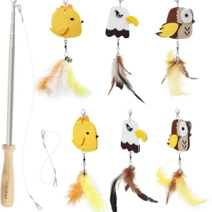 SONGWAY Interactive Cat Toys Wand - Retractable Cat Wand and 6 Pieces Flying Bird Toy Feather Replacement, Felt Feather Cat Toys for Indoor Cats