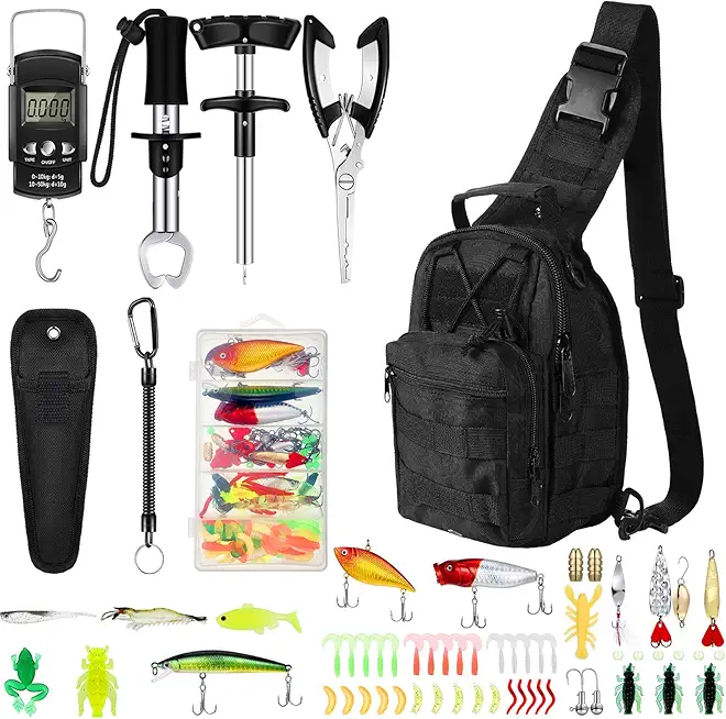 Sosation 134 Pcs Fishing Tool Kit Fishing Gear and Equipment for Men Adults, Include Hook Remover, Pliers Kit, Tackle Box with Tackle Included, Lures, Lip Gripper, Weigh Scale