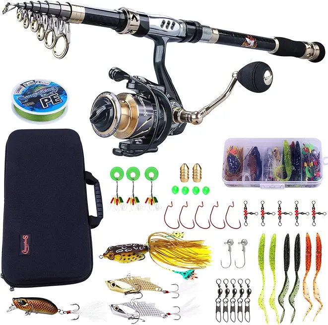 Sougayilang Telescopic Fishing Rod and Reel Combos Full Kit, Carbon Fiber Fishing Pole, 13 +1 Shielded Bearings Stainless Steel BB Spinning Reel with Suitcase Fishing Kit