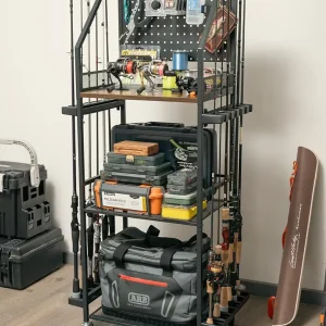 SOYEEZE Fishing Rod Holders for Garage, Fishing Pole holders, Fishing Gear Storage up to 12 Rods with Hooks and Wheels, Fishing Cart For Fishing Rod Tackle Box Reel Storage