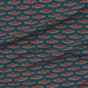 Spoonflower Fabric - Salmon Navy Fish Fishing Alaska Fly Pond Printed on Petal Signature Cotton Fabric by The Yard - Sewing Quilting Apparel Crafts Decor