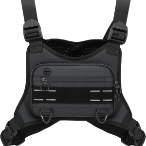 Sports Chest Bag For Men, Water Resistant Lightweight Front Running Vest Bag With Built-In Phone Holder & Extra Storage For Workouts, Cycling (Black)