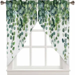 Spring Leaf Swag Valances Curtains for Window, Plant Sage Green Eucalyptus Leaves Kitchen Curtain Swag Pair Retro Farmhouse Rod Pocket Window Curtain for Bedroom Living Room Bathroom, 36"x36"