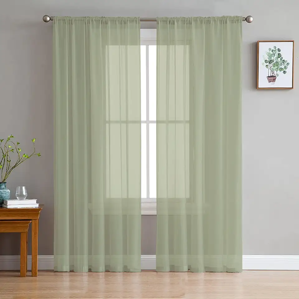 Spring Sheer Curtains 72 Inch Long 2 Panels, Sage Green Background Curtains for Living Room Rod Pocket Sheer Drapes Light Filtering Voile Window Treatment 52" W x 72" L