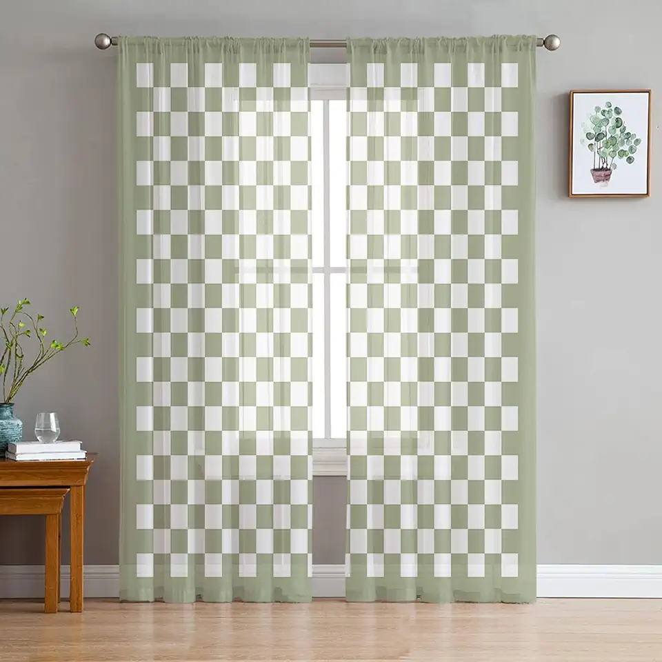 Spring Sheer Curtains 72 Inch Long 2 Panels, Sage Green Checkerboard Curtains for Living Room Rod Pocket Sheer Drapes Light Filtering Voile Window Treatment 52" W x 72" L