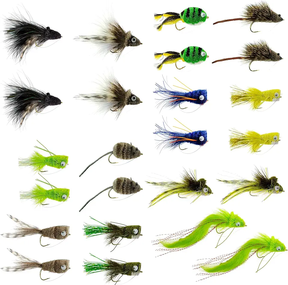 Spun Deer Hair Bass Bug Collection - Set of 24 Bass Fly Fishing Flies - Surface Poppers Divers and Subsurface - Hook Sizes 2,4, 6 and 8