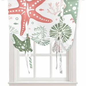 Starfish Sage Green Tie Up Curtains for Kitchen Bedroom Living Room Windows, Adjustable Tie-Up Shade Rod Pocket Curtain Valance Drape Coral Red Coastal Conch Tropical Fish Boho 1 Panel, 34" x 45"