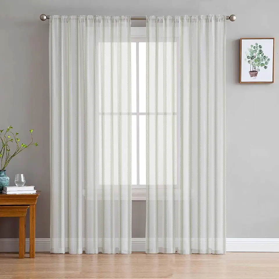 Striped Sheer Curtains 72 Inch Long 2 Panels, Vertical Sage Green Stripes Curtains for Living Room Rod Pocket Sheer Drapes Light Filtering Voile Window Treatment 52" W x 72" L