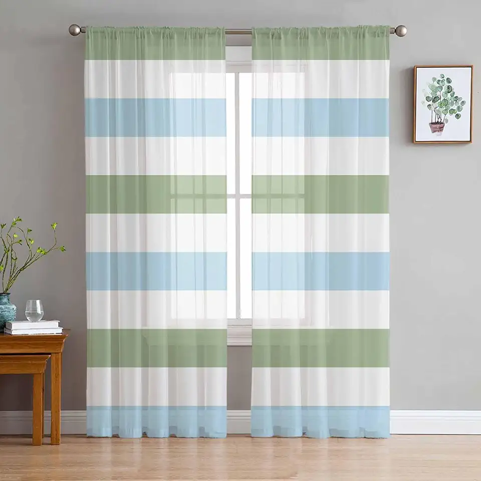 Stripes Sheer Curtains 72 Inch Long 2 Panels, Sage Green and Blue Stripe Curtains for Living Room Rod Pocket Sheer Drapes Light Filtering Voile Window Treatment 52" W x 72" L