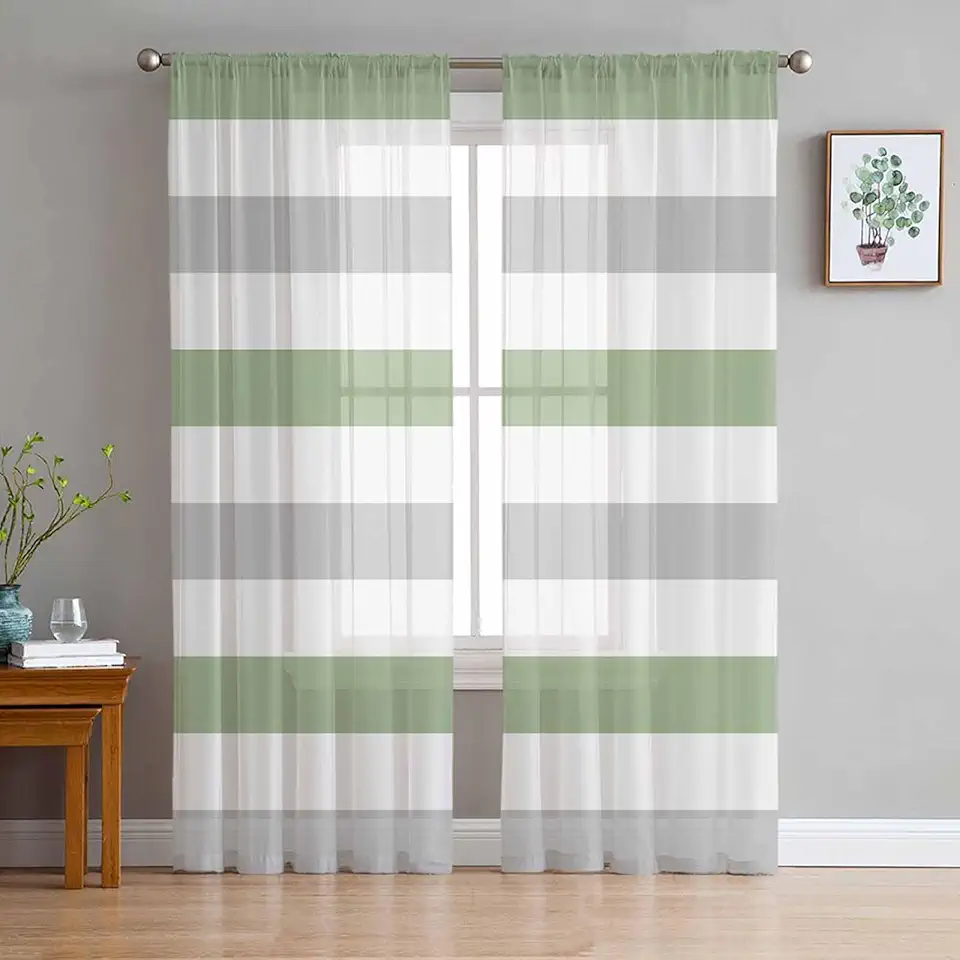 Stripes Sheer Curtains 72 Inch Long 2 Panels, Sage Green and Gray Stripe Curtains for Living Room Rod Pocket Sheer Drapes Light Filtering Voile Window Treatment 52" W x 72" L