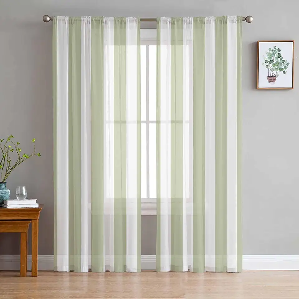 Stripes Sheer Curtains 72 Inch Long 2 Panels, Sage Green and White Stripes Curtains for Living Room Rod Pocket Sheer Drapes Light Filtering Voile Window Treatment 52" W x 72" L