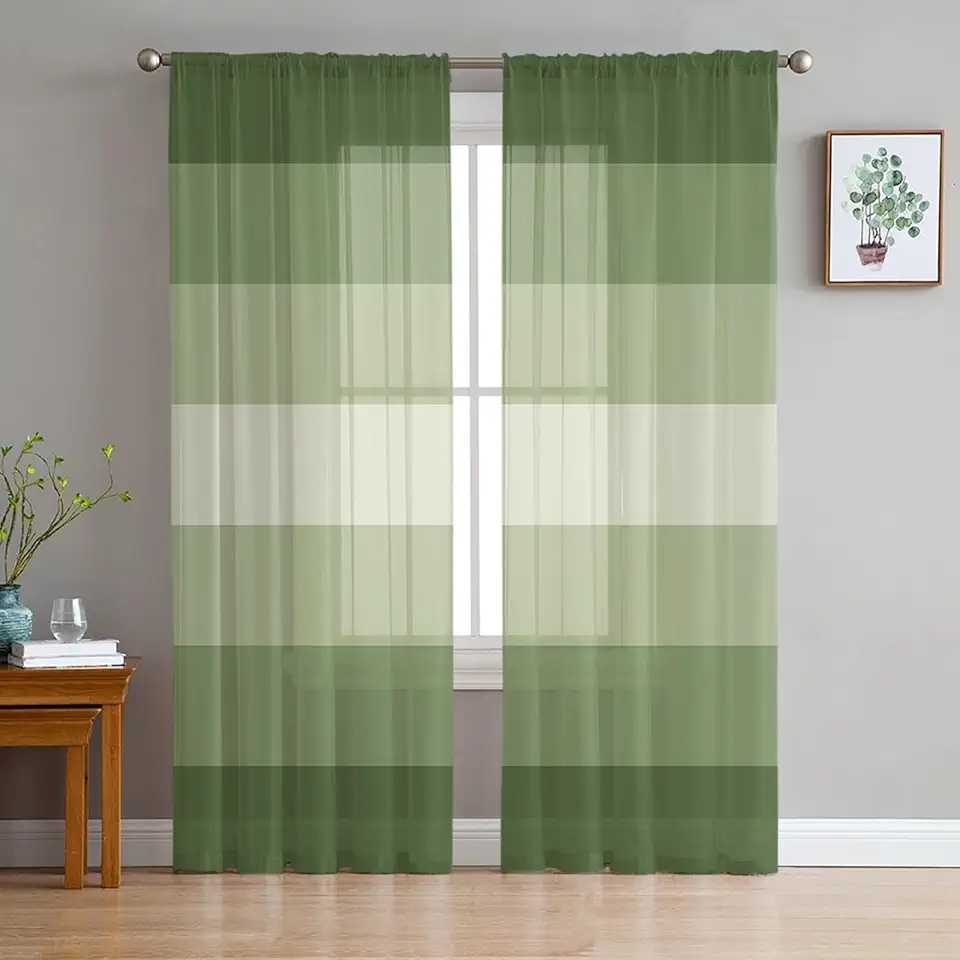 Stripes Sheer Curtains 72 Inch Long 2 Panels, Sage Green Gradient Curtains for Living Room Rod Pocket Sheer Drapes Light Filtering Voile Window Treatment 52" W x 72" L