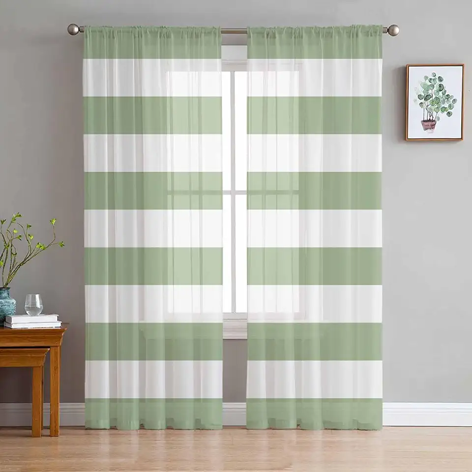 Stripes Sheer Curtains 72 Inch Long 2 Panels, Sage Green Stripe Curtains for Living Room Rod Pocket Sheer Drapes Light Filtering Voile Window Treatment 52" W x 72" L