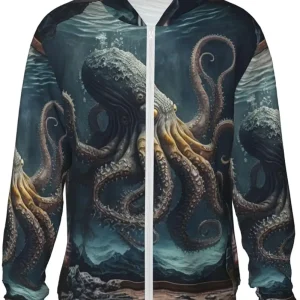 Sun Protection Hoodie Jacket Full Zip Fishing Hiking Shirt for Womens Mens - Octopus Kraken Monster Vintage Cool