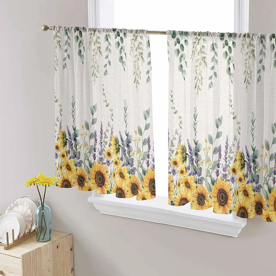 Sunflower Eucalyptus Sheer Curtains for Kitchen Bedroom Living Room Windows,Yellow Sage Green Country Lavender Rod Pocket Decorative Drapes Semi-Sheer Door Curtain 54 Inch Length 2 Panels Set 52x54