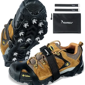 SYOURSELF Ice Cleats, Crampons Ice Cleats for Shoes and Boots Women Men Kids, Non Slip Grippers Spikes for Shoes with Straps, Ice Traction Cleats for Snow and Ice, Hiking, Walking, Fishing, Climbing