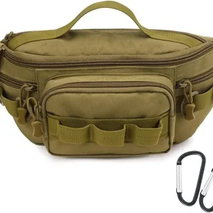 Tactical Fanny Pack,Small Fishing Tackle Bag Water-Resistant Military Waist Bags Portable Fishing Storage Waist Packs for Outdoor Fly Fishing Hiking Climbing with 2 PCS Mini Carabiners (Tan)