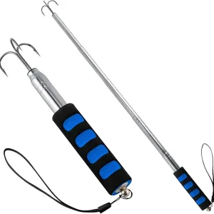 Telescopic Fishing Gaff, Stainless Steel Triple Hook Ice Fishing Spear, Aluminium Alloy Telescoping Pole with Hook, Fish Gaff with EVA Handle for Freshwater Boat Catching