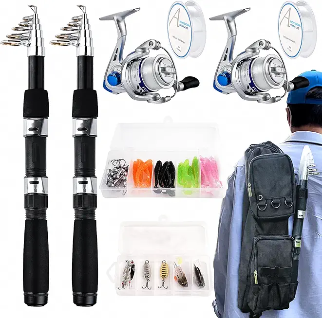 Telescopic Fishing Rod Reel Kit 2pcs 6.89FT Collapsible Spinning Pole Reel Combo Compact Fishing Lures Tackle Accessories Lightweight Travel Fishing Gear Set for Saltwater Freshwater Fishermen Gift
