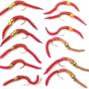 The Fly Fishing Place San Juan Worm Trout Fly Assortment Power Bead Worms 1 Dozen Wet Nymph Fly Fishing Flies - Hook Size 10-3 Each of 4 Patterns