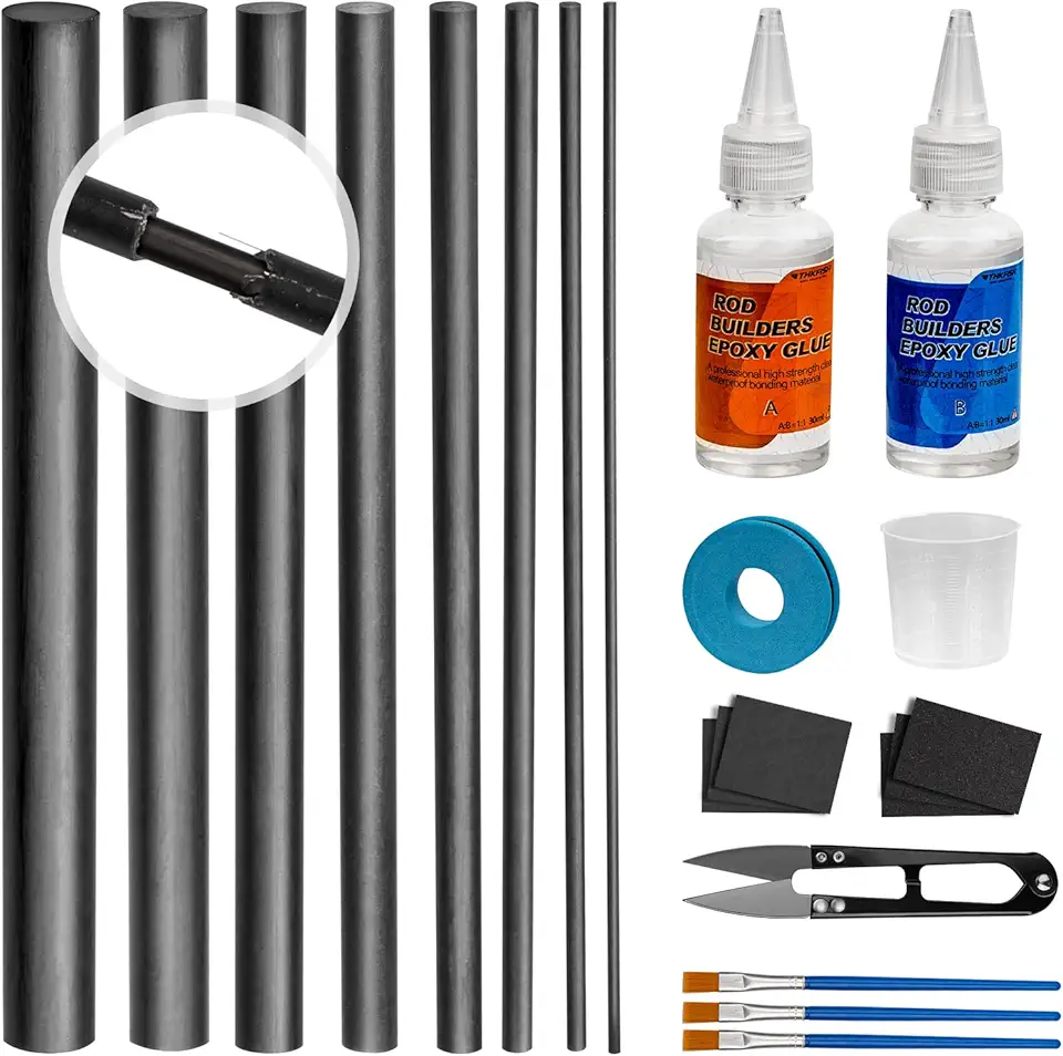 THKFISH Fishing Rod Repair Kit with Carbon Fiber Sticks, Pole Repair Kit with Glue Complete for Rod Building Supplies