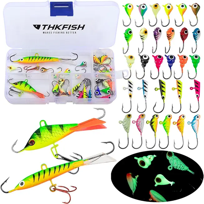 THKFISH Ice Fishing Jigs Kit Ice Fishing Lures for Walleye Perch Jigs Heads for Ice Fishing Tackle Panfish Crappie Jigs 50PCS/31PCS