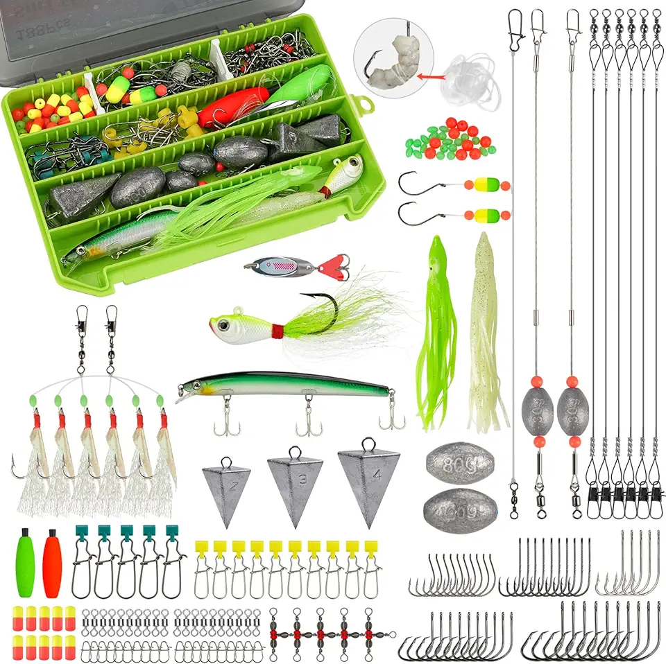 THKFISH Surf Fishing Tackle Kit, Saltwater Gear Set Saltwater Fishing Lures Fishing Bait Rigs Crankbait Spoon Bucktail Jigs Pyramid Sinkers Fishing Hooks Swivels,Perfect Fisherman's Gift