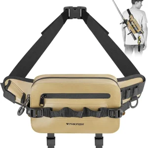 THKFISH Waterproof Fishing Waist Pack with Fishing Rod Holder, Fishing Tackle Bag with Adjustable Strap, Airtight Zipper Closure, Lightweight Sling Fishing Waist Bag for Fly Fishing, Brown