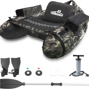 ThunderBay Inflatable Float Tube, Fishing Float Tube with Paddle, Flippers, Fish Ruler, Pump, Storage Pockets, Adjustable Backpack Straps, 350LBS Load Bearing Capacity Belly Boat