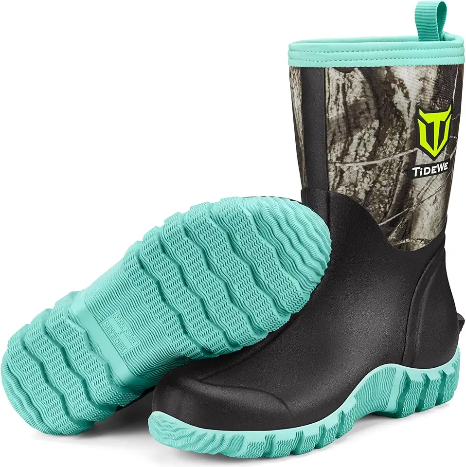 TIDEWE Rubber Boots for Women, 5.5mm Neoprene Insulated Rain Boots with Steel Shank, Waterproof Mid Calf Hunting Boots, Sturdy Rubber Work Boots for Farming Gardening Fishing
