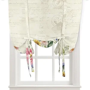 Tie Up Curtains Window Shades, Spring Flowers Wild Floral Retro Butterfly Dragonfly Rod Pocket Tie Up Window Shade, Adjustable Balloon Curtain Shade for Blinds Kitchen Bathroom, 1 Panel, 52"x45"
