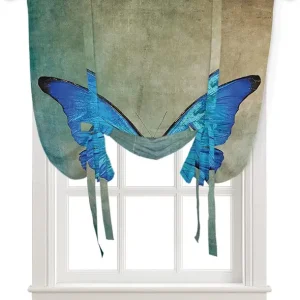 Tie Up Curtains Window Shades, Vintage Spring Blue Butterfly Flying Rod Pocket Tie Up Window Shade, Adjustable Balloon Curtain Shade for Blinds Kitchen Bathroom, 1 Panel, 42"x63"