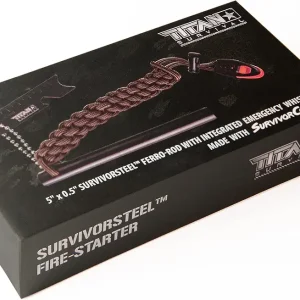 Titan SurvivorSteel Ferrocerium Fire-Starter v2.0, 5" x 1/2" Ferro-Rod with Steel Scraper, Patented SurvivorCord Handle, and Integrated High-Decibel Emergency Whistle.