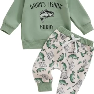 Toddler Baby Boy Fall Outfit Daddy's Fishing Buddy Letters Print Sweatshirt Fish Print Pants Set 2Pcs Hunting Outfit