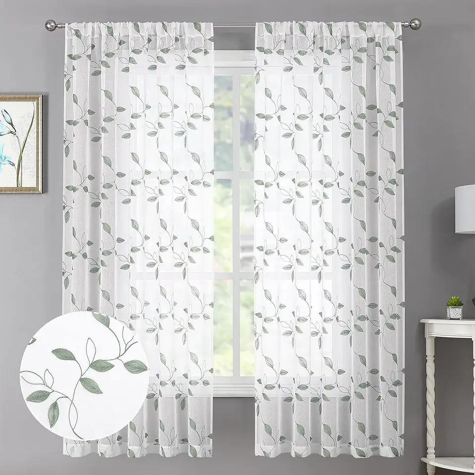 Tollpiz Sage Green Leaf Sheer Curtains Leaves Embroidered Living Room Curtain Rod Pocket Voile Window Treatments for Bedroom, 54 x 63 inches Long, Set of 2 Panels