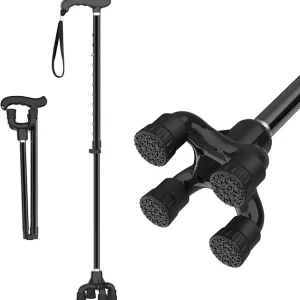 TriPro Walking Cane for Women & Men, Small Base Quad Cane, Pivot Tip,Self Standing,Heavy Duty,Adjustable Folding Cane, 4 Prong Canes for Men & Women, Collapsible Walking Sticks for Seniors & Adults