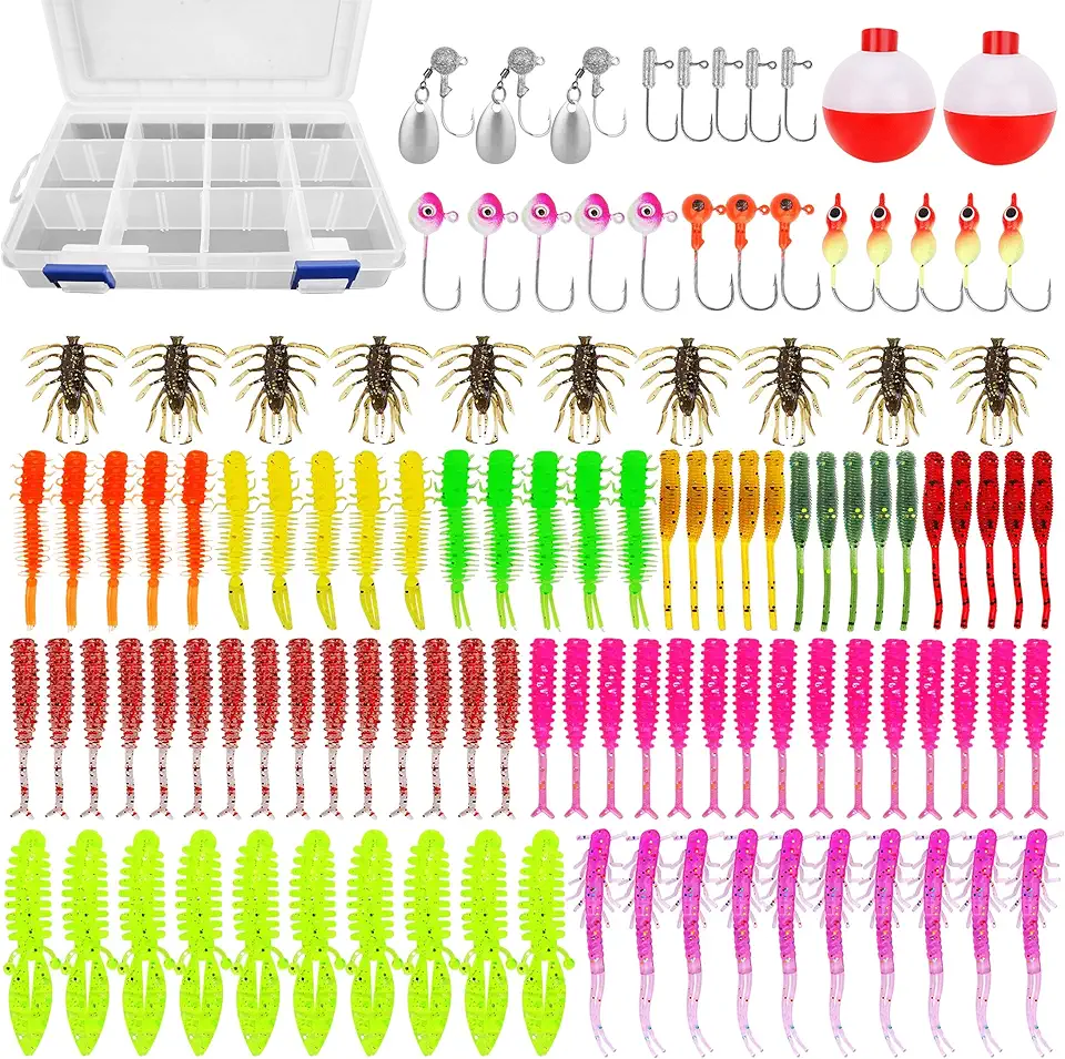 Trout & Crappie Ice Fishing Gear Lures Kit, Including Jig Heads,Soft Plastic baits for Panfish,Bluegill, Bass etc Freshwater Equipment