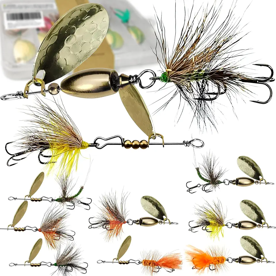Trout Lures and Spinners, Rooster Tail Baits for Lake River Fishing, Brass Spinner Kit for Smallmouth Bass, Salmon, Pike