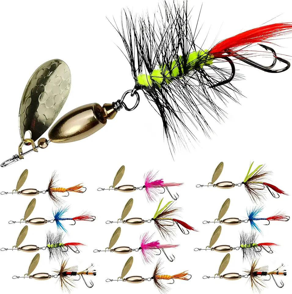 Trout Lures Trout Spinners, Rooster Bait Tail Trout Fishing Lures for Bass Salmon Pike, Fishing Spinner Kit Smallmouth Bass Lures with Brass Spinner for Lake River Fishing